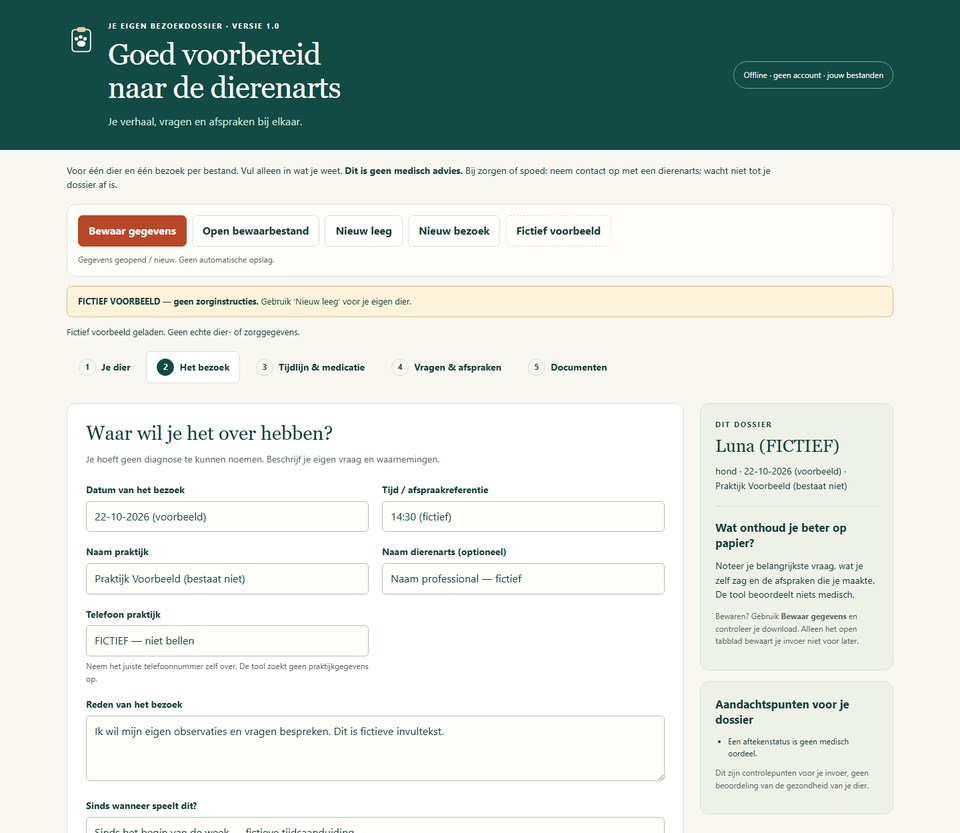 De invulhulp Goed voorbereid naar de dierenarts bij de stap Het bezoek, met fictieve voorbeeldgegevens: datum, praktijk, reden van het bezoek en sinds wanneer